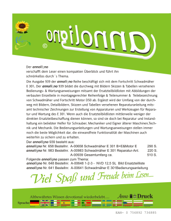 Fortschritt Mäher/Schwadmäher Typ E 301 & Fortschritt Diesel Motor Typ D 50 Bild- Bedienungsanleitung & Bild- Ersatzteilliste & Explosionszeichnungen  & Reparaturanleitung - annoligno 939